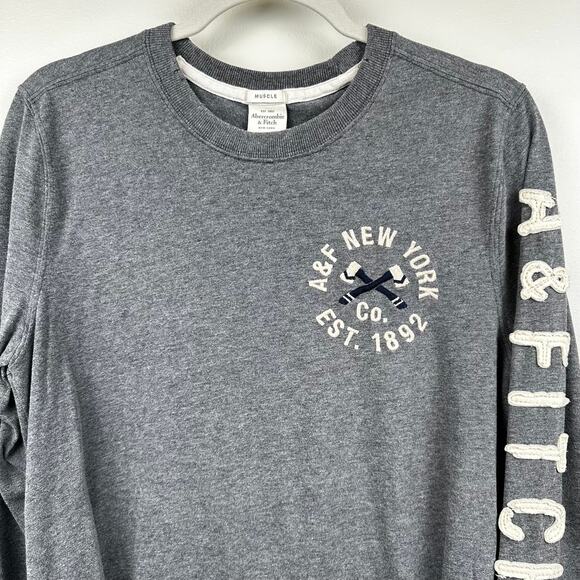 Abercrombie & Fitch Muscle Tee Long Sleeve Stitched Spell Out Gray Men's Medium - Picture 2 of 11